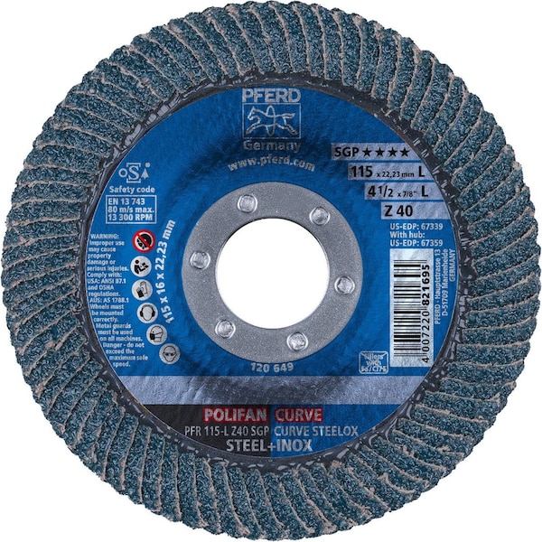 Pferd 67339 4-1/2in x 7/8in POLIFAN CURVE Flap Disc SGP Zirconia 40G Large Radius 67339-PFERD - main